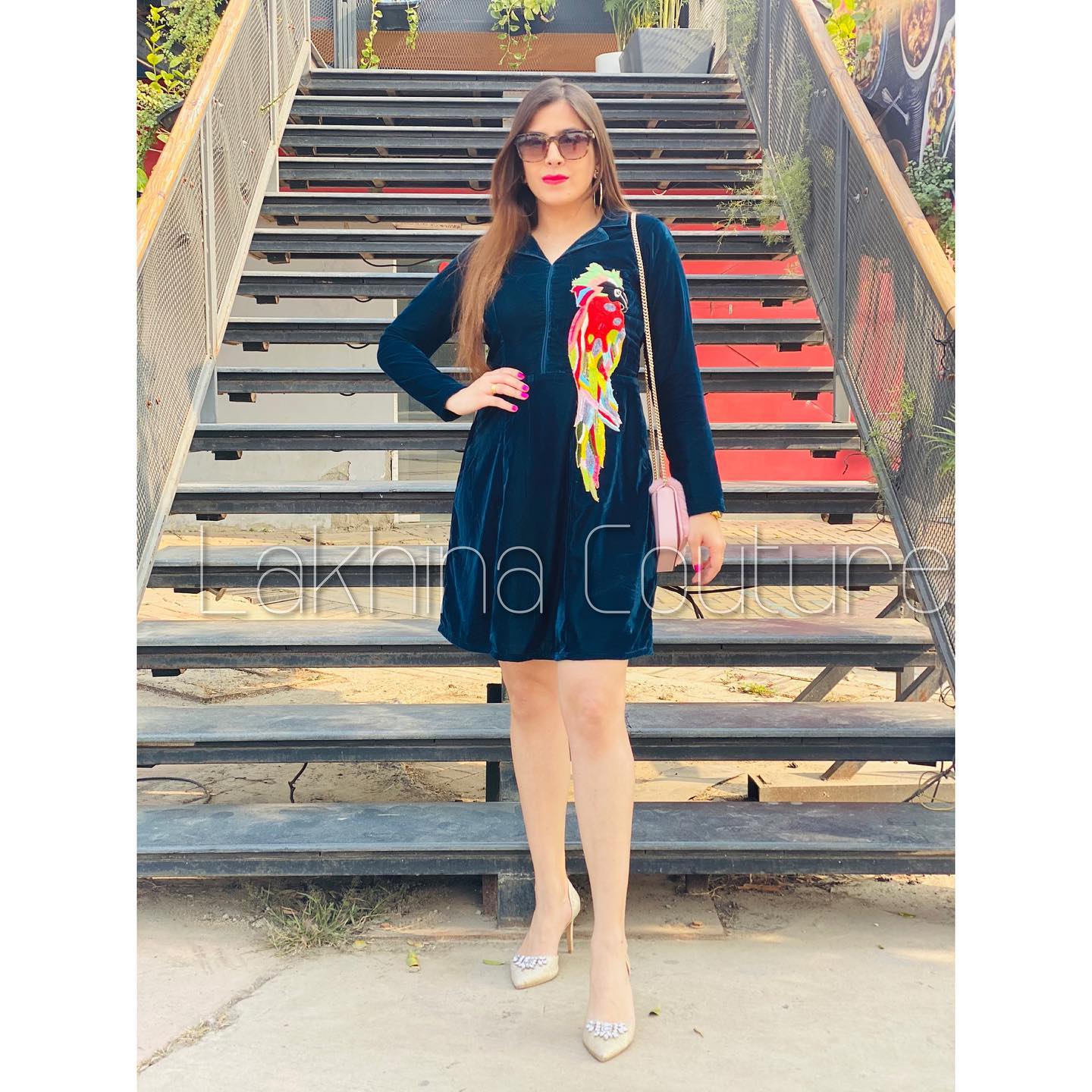 Peacock Green Parrot Velvet Dress