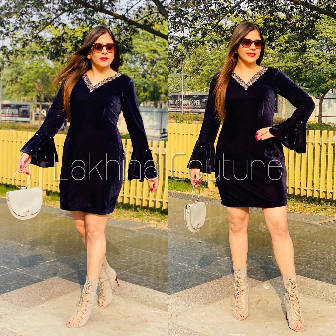 Navy Blue V-Neck Embroidered Dress