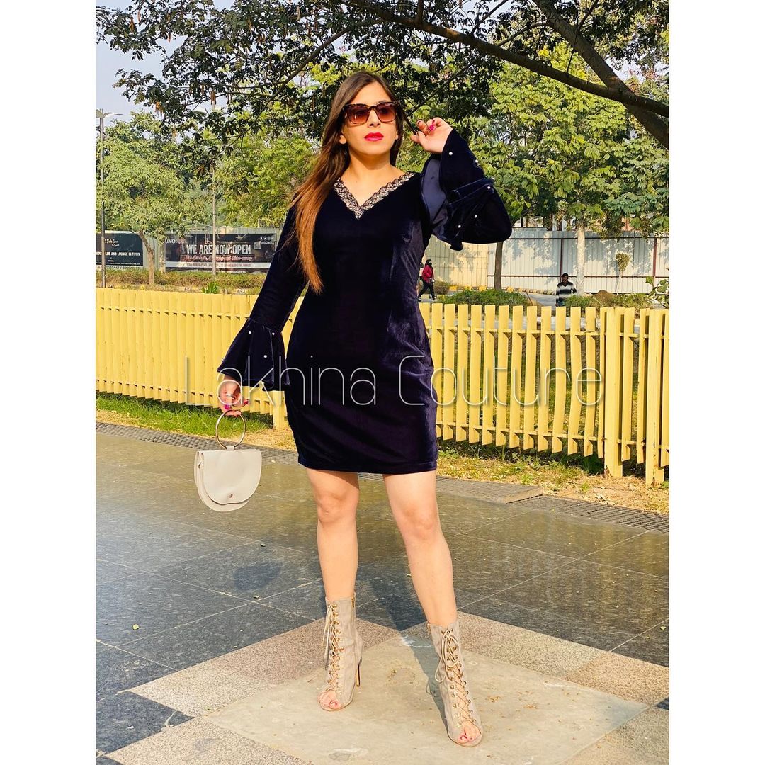 Navy Blue V-Neck Embroidered Dress