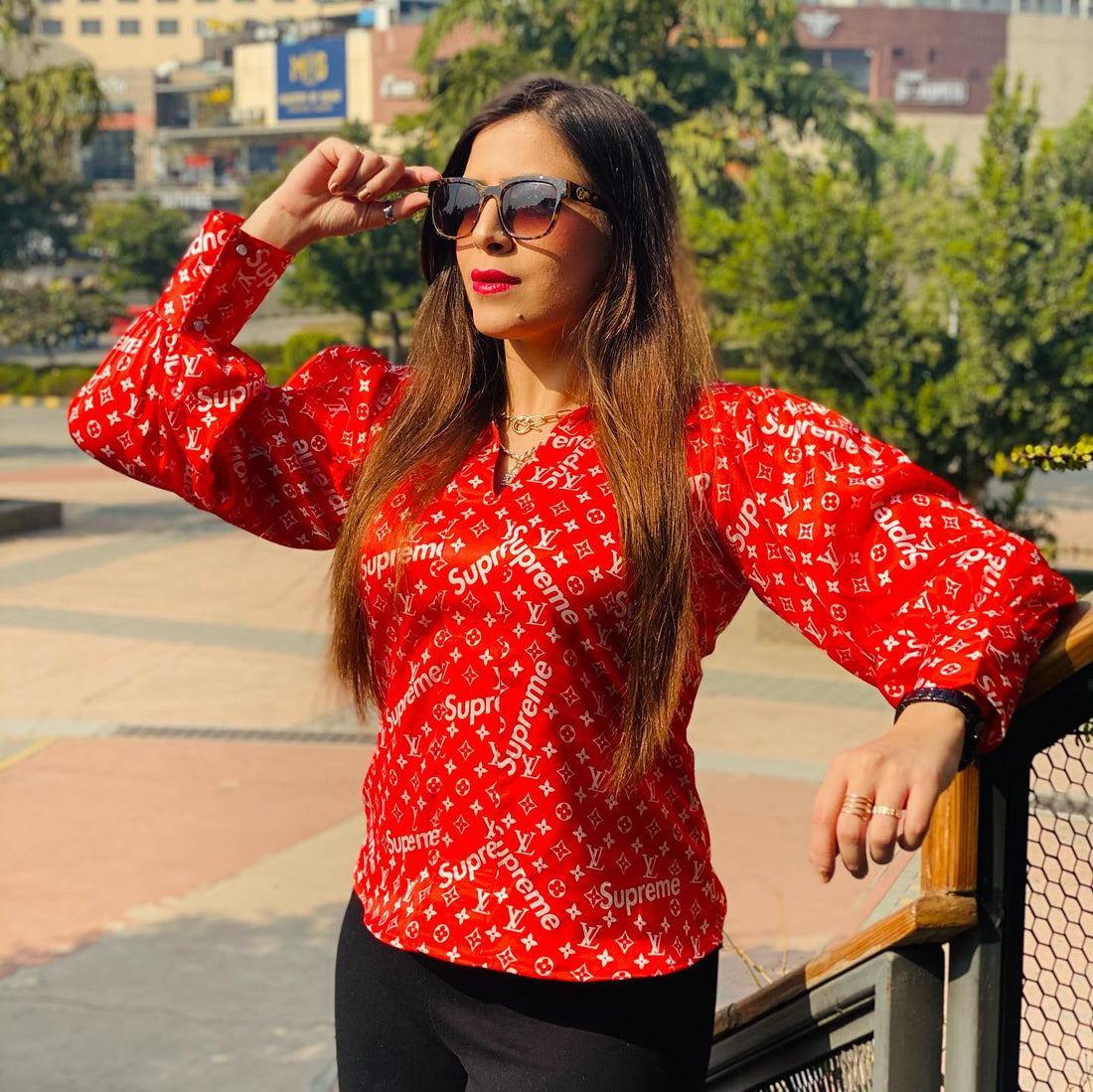 Red Satin Loose Fit Western Top