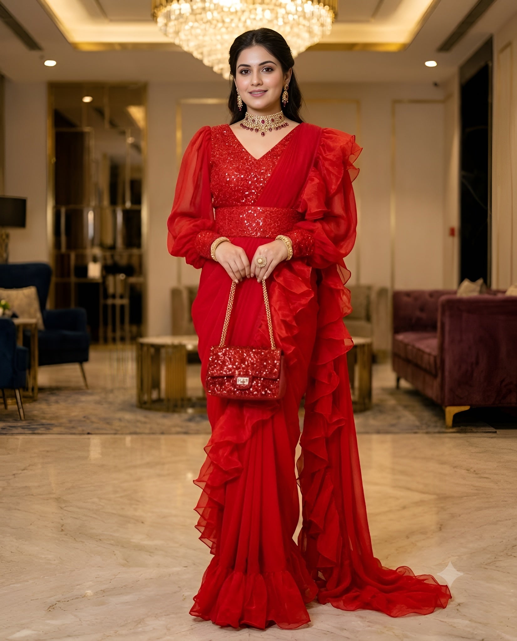 Red Phulkari Drape Saree