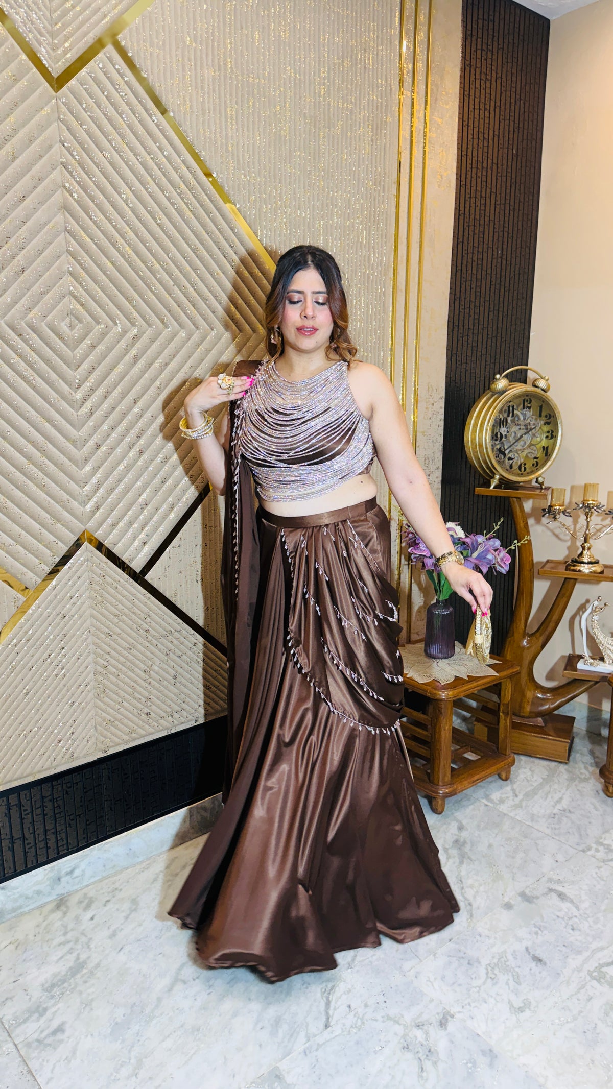 Moonlit Cascade Brown Designer Saree