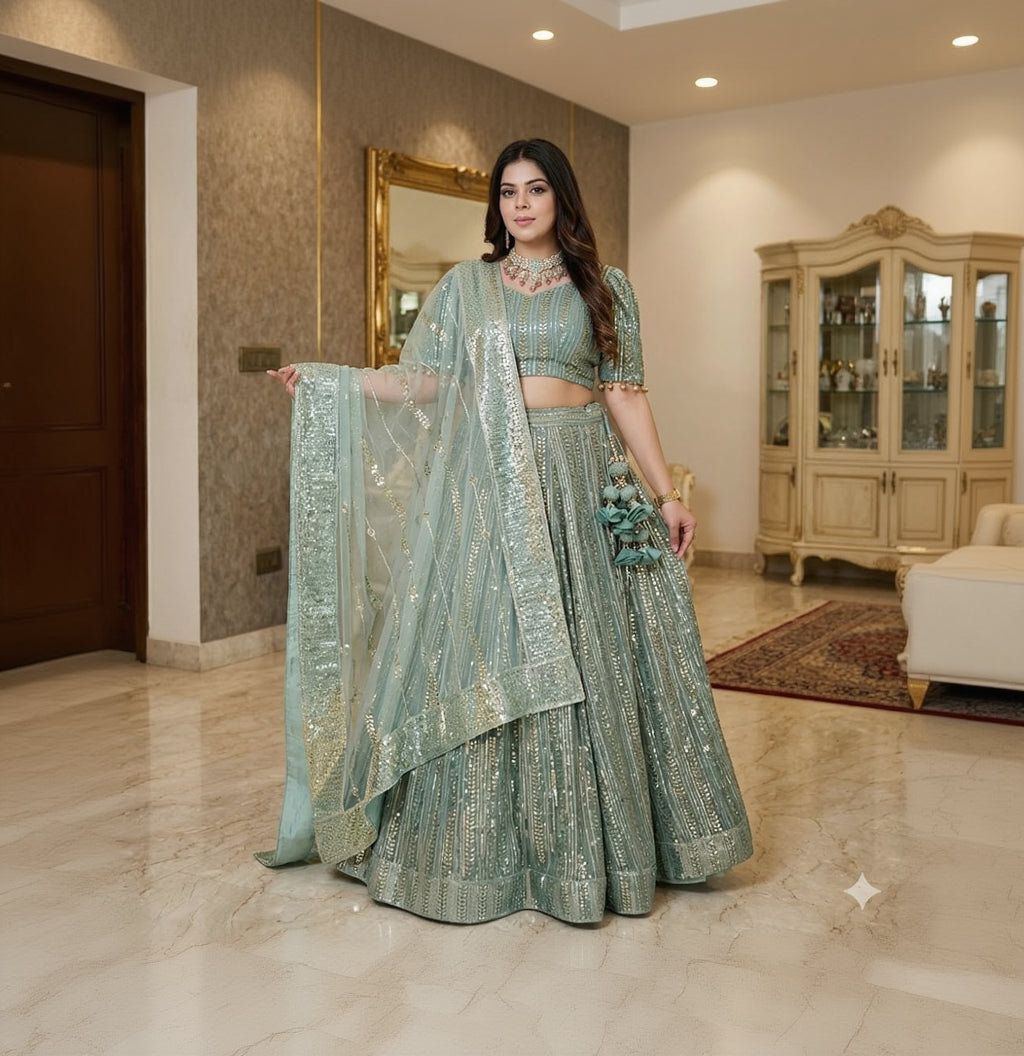 Woman in a green embroidered traditional outfit standing in an elegant room.