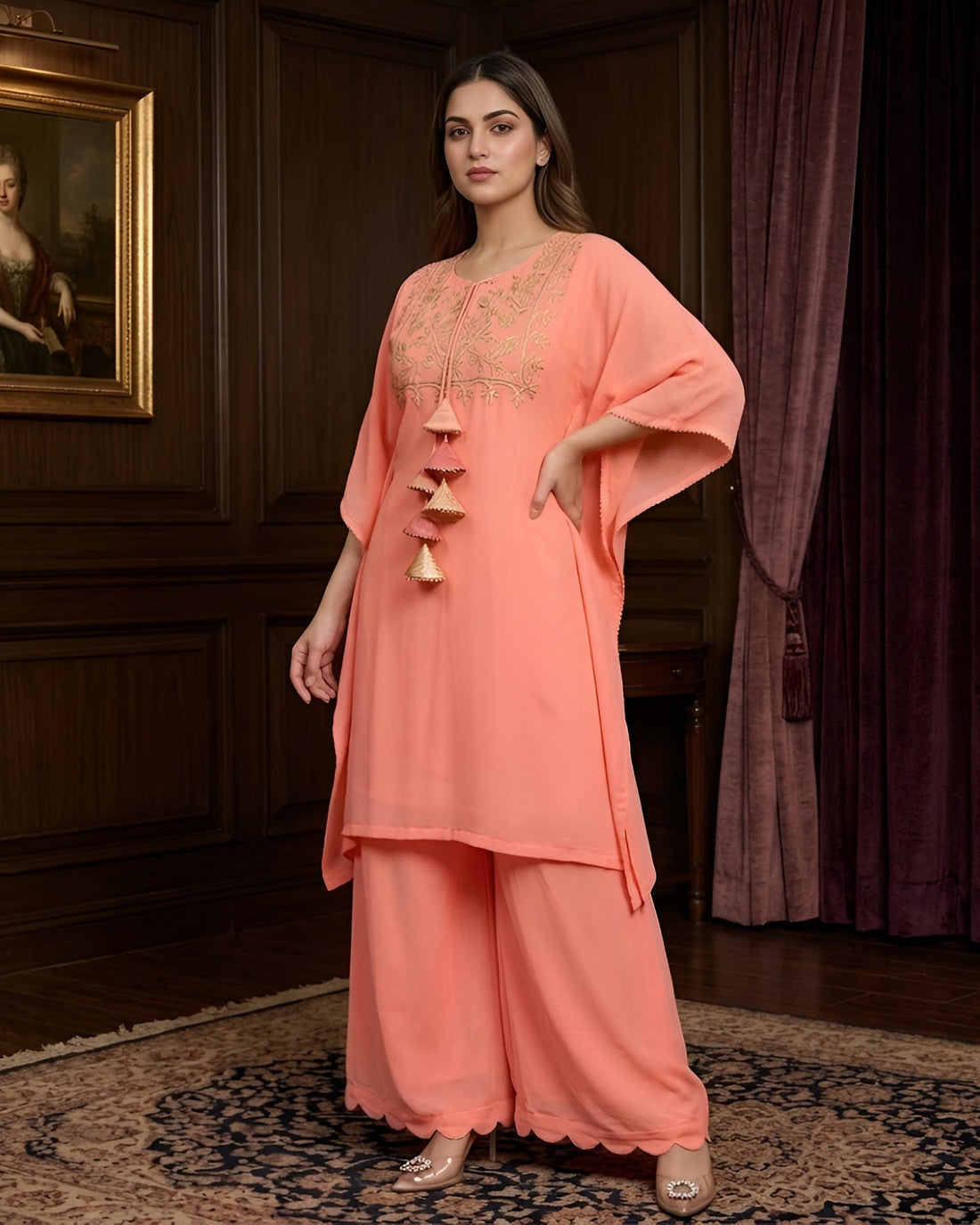 Woman in a peach outfit standing in an elegant room with a painting on the wall.