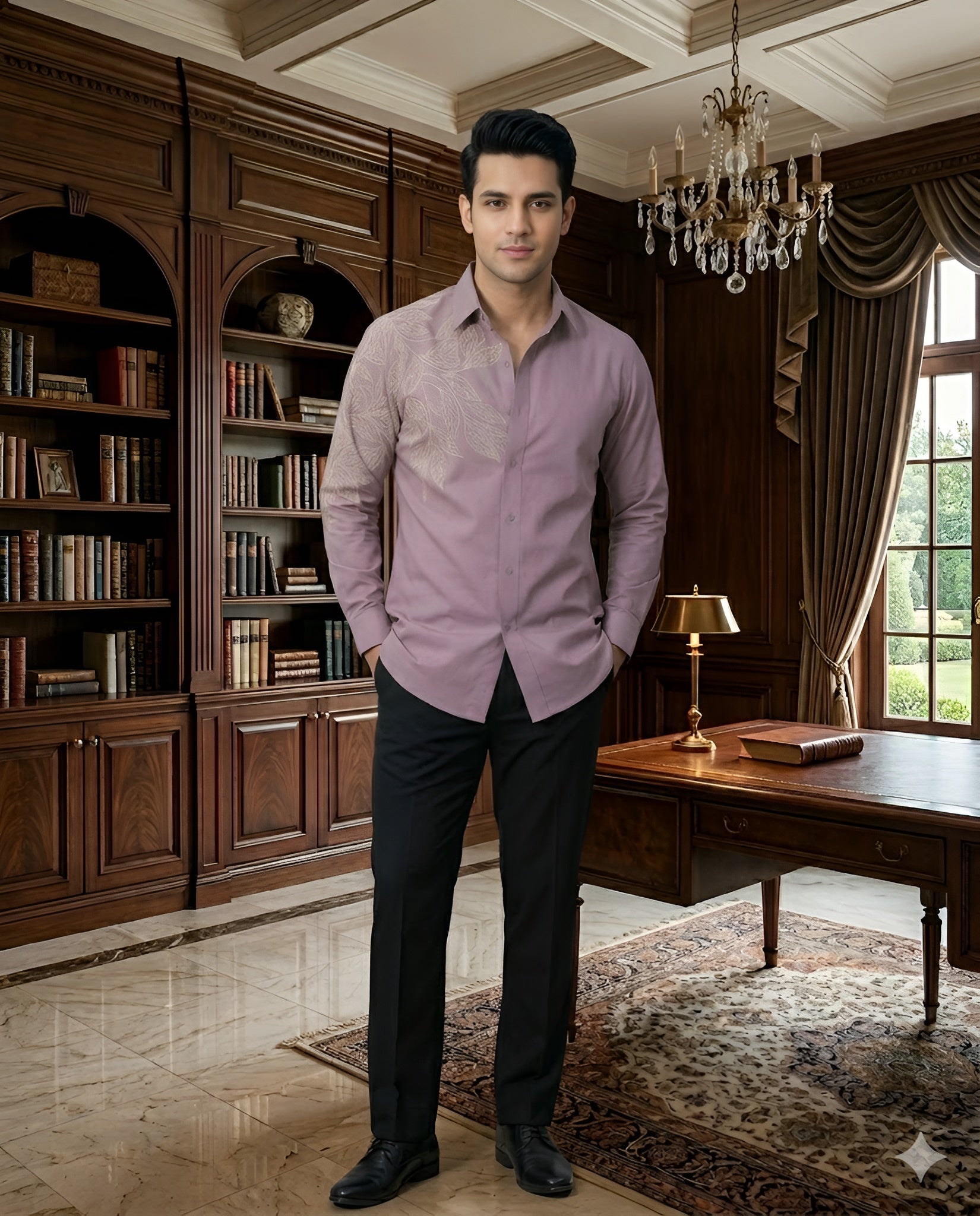 Man in a purple shirt standing in an elegant room with wooden furniture and a chandelier.
