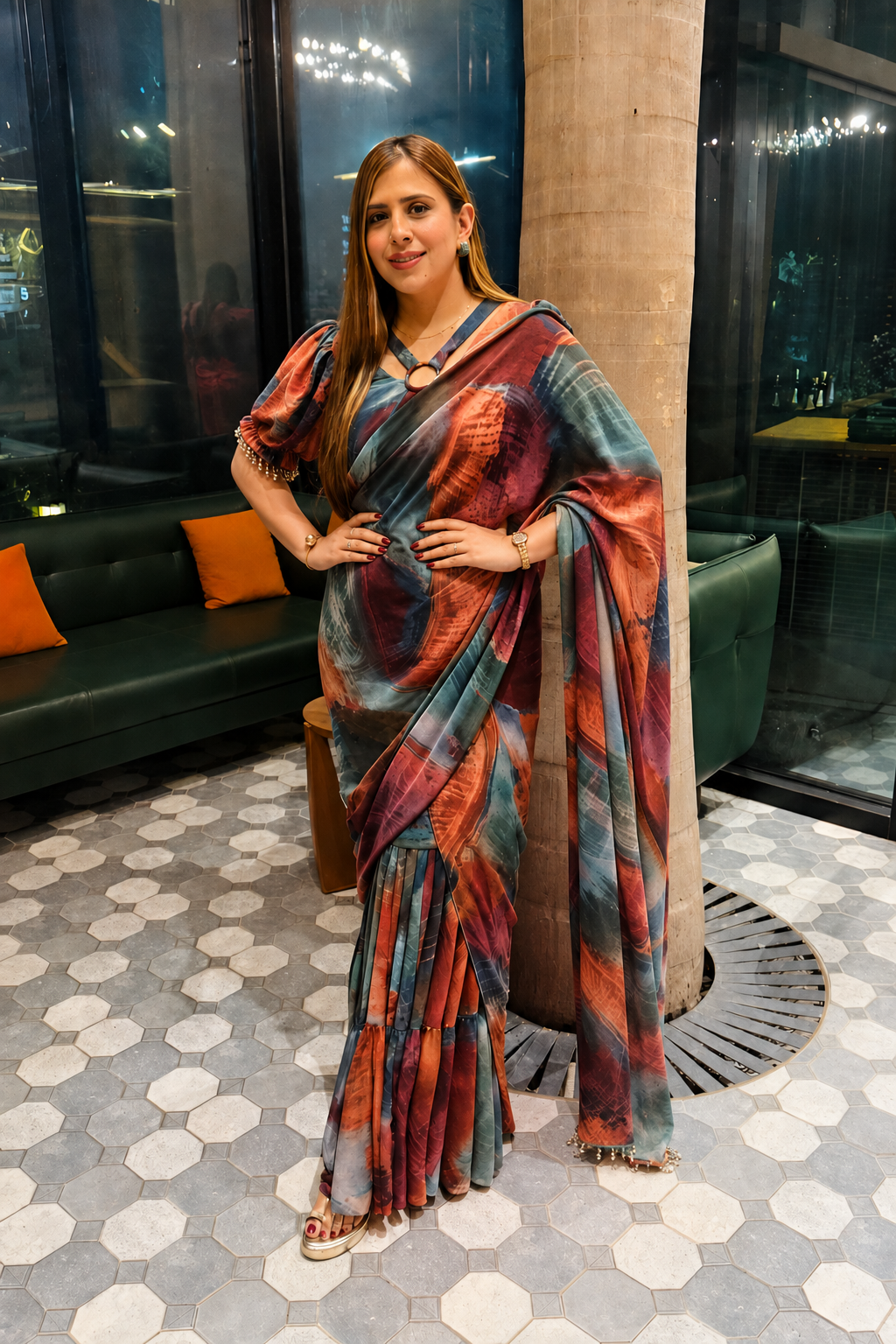 Multicolor Abstract Pre-Draped Frill Saree