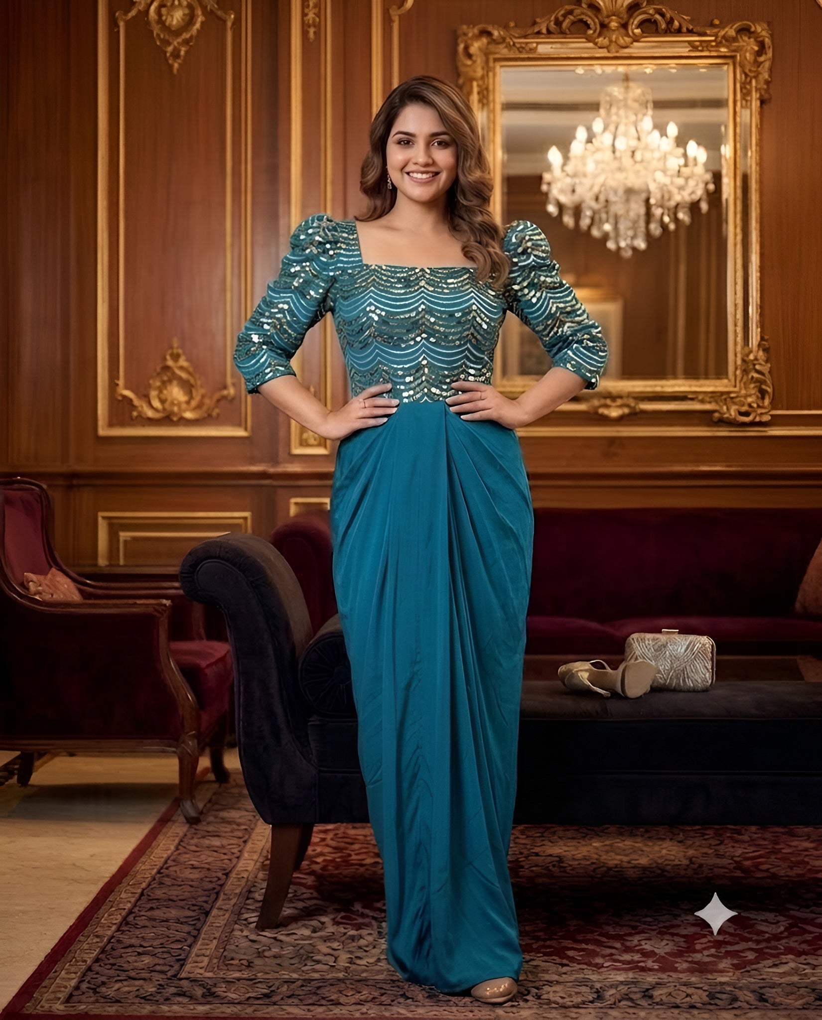 Peacock Blue Embroidery Drape