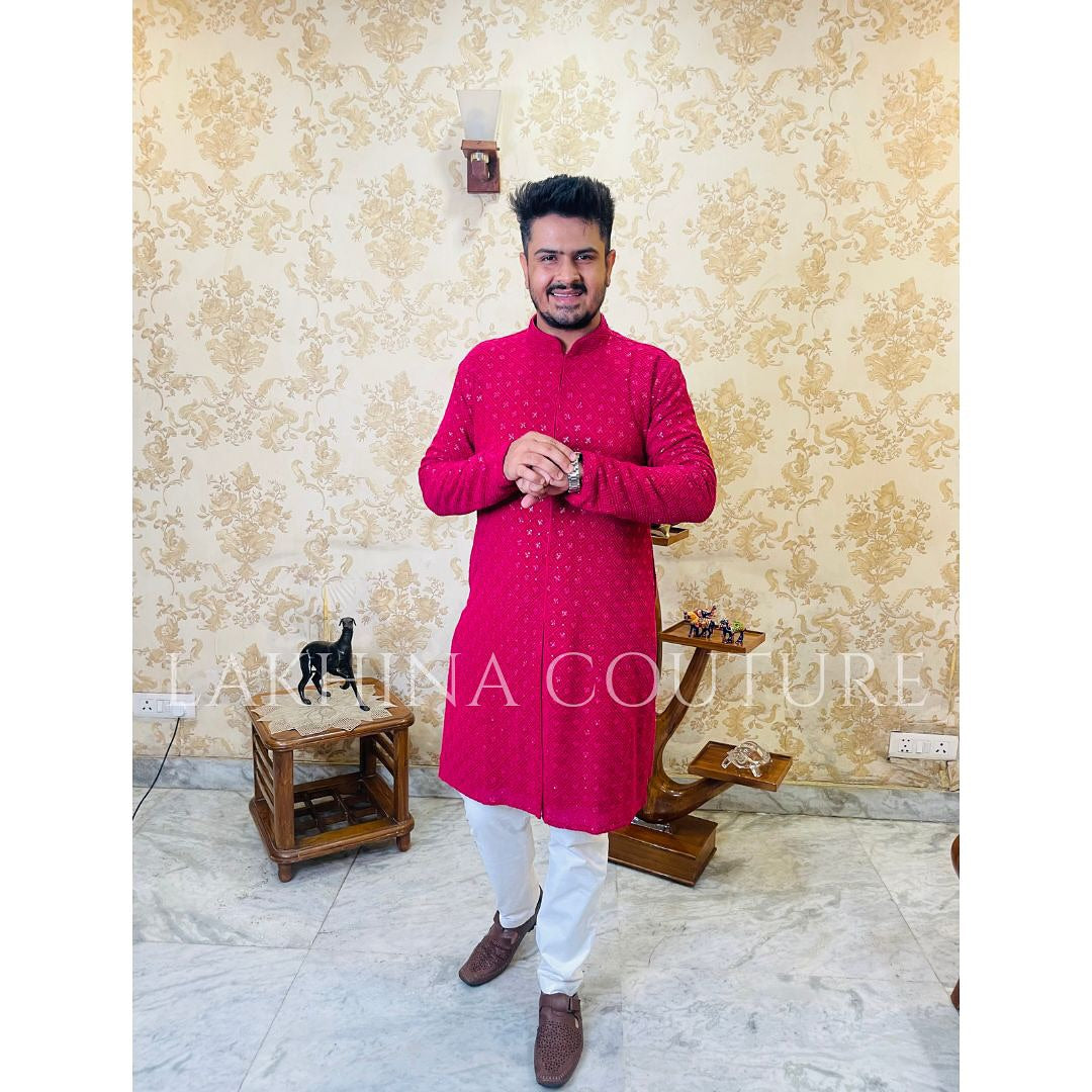 Menswear Hot Pink Rakhi Kurta Set