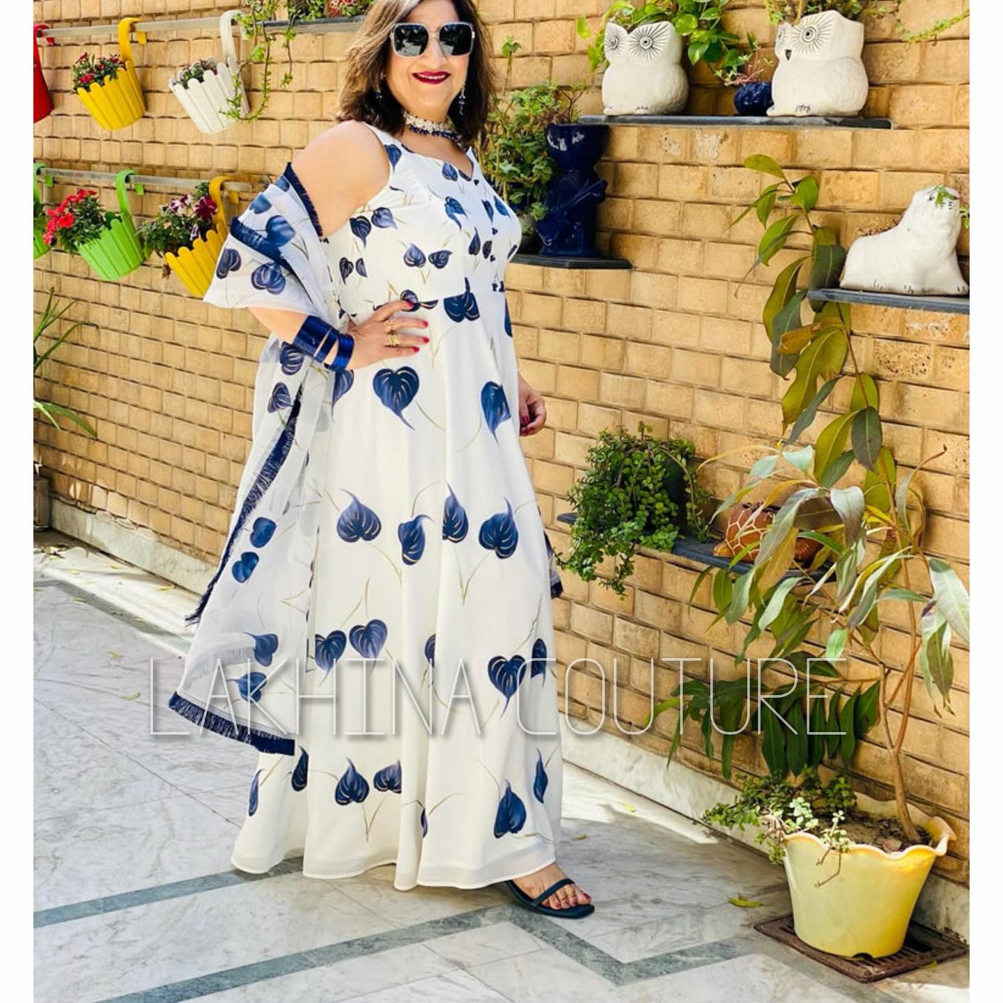 Blue White Leaf Handpainted Anarkali