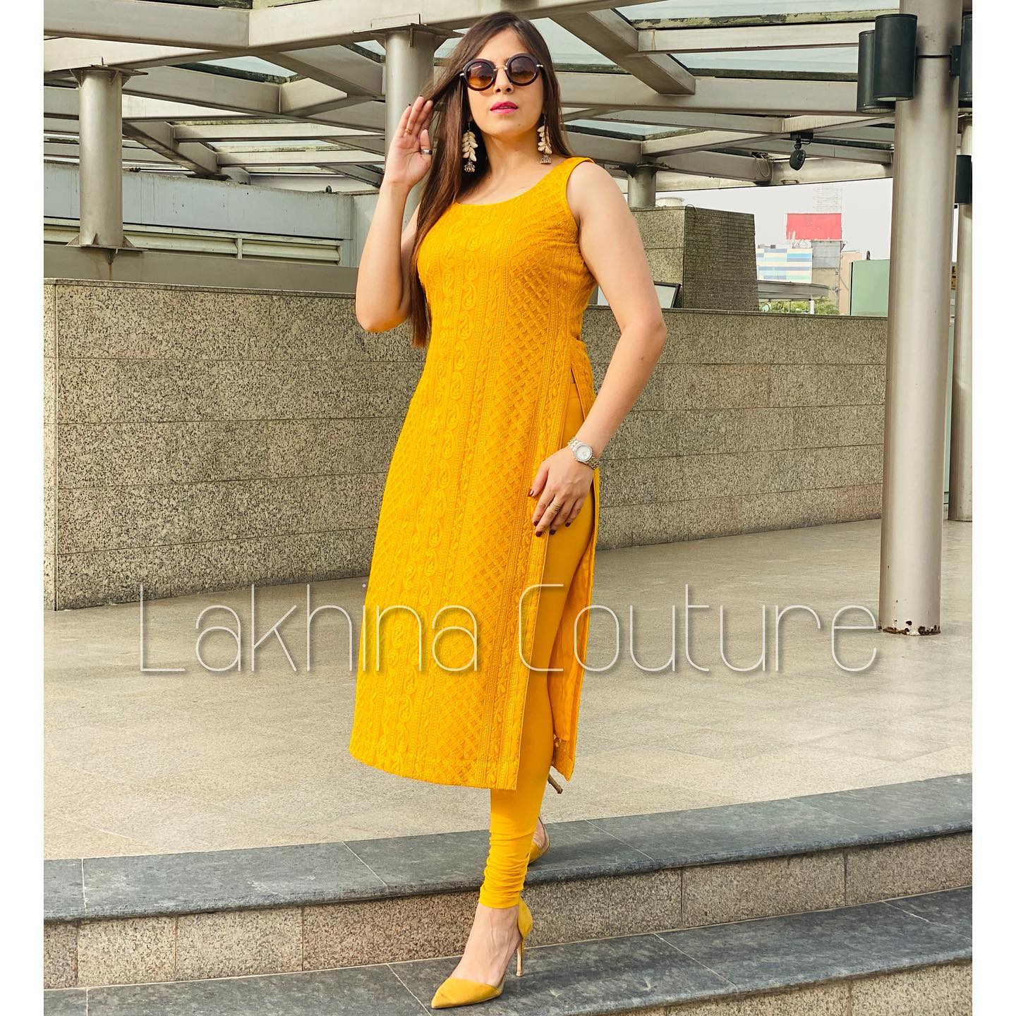 Mustard Chikankari Kurti