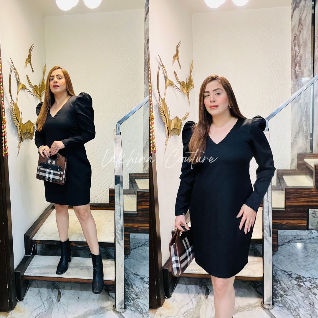 Black Banana Lycra Puff Sleeve Bodycon Dress