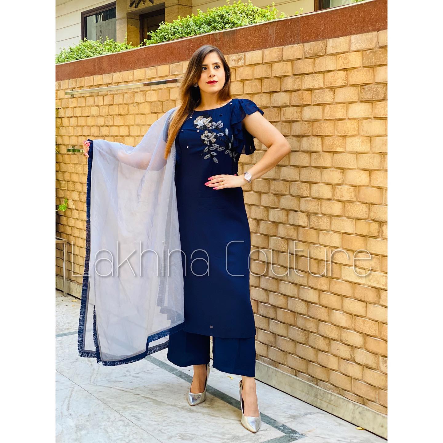 Navy Blue Embroidered Suit