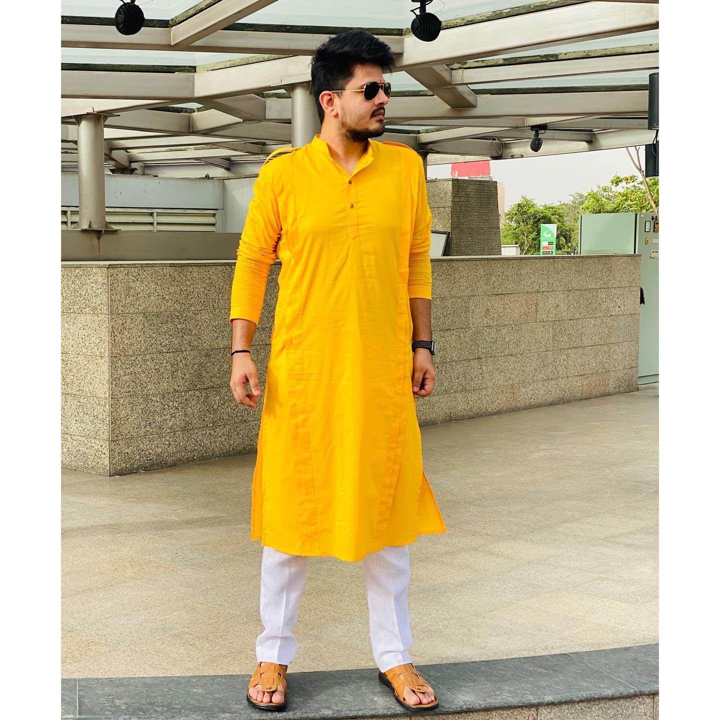 Menswear Sunshine Yellow Pathani Kurta with Pants