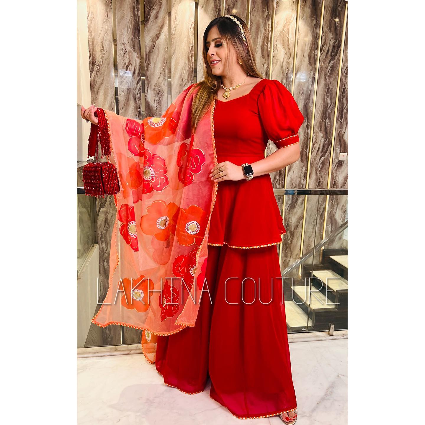 Red Handpainted Sharara Suit
