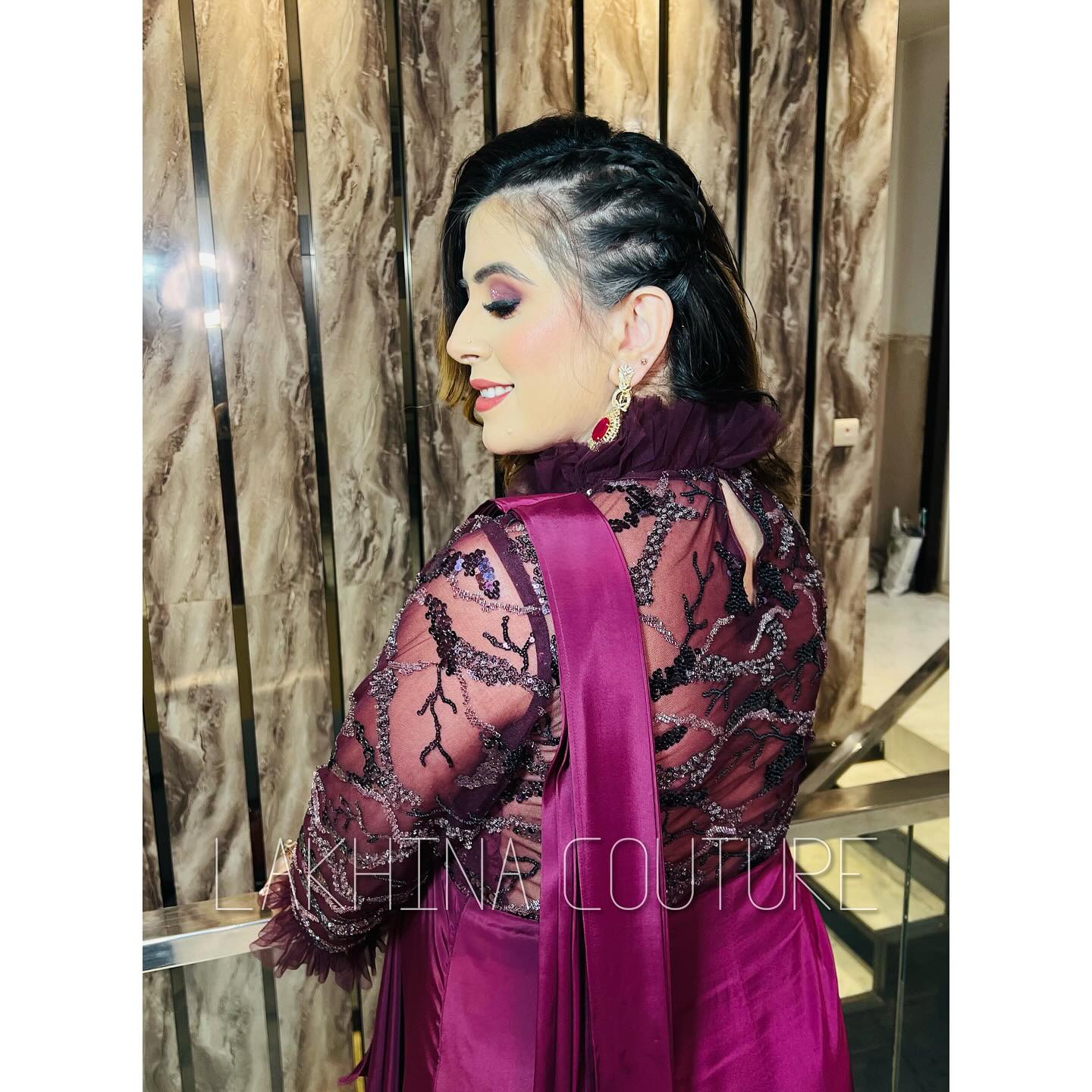 Wine Sequin Drape Saree
