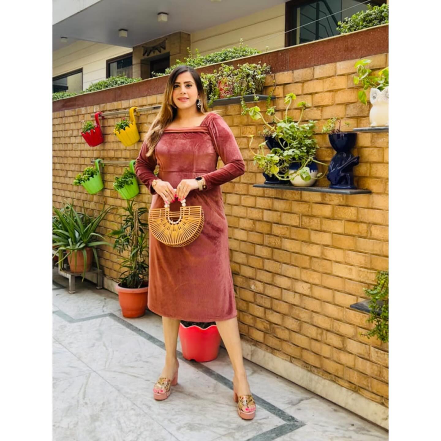 Peach Velvet Midi Dress