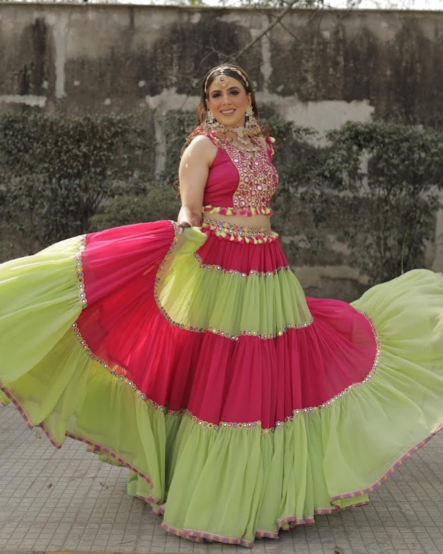 Pink Green Georgette Lehenga
