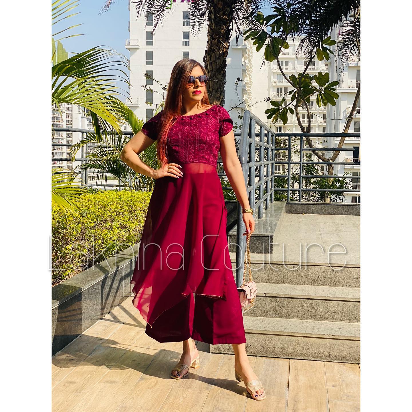 Wine Chikankari Suit