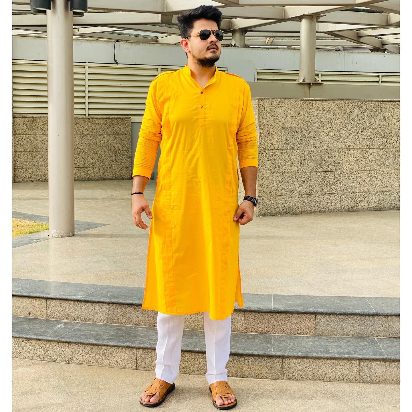 Menswear Sunshine Yellow Pathani Kurta with Pants