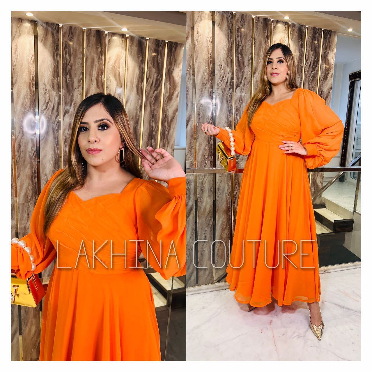 Orange Pleated Stunning Gown