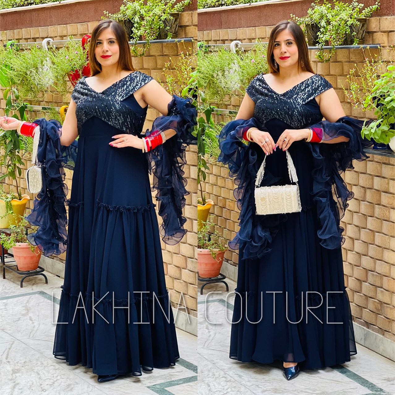 Navy Blue Gown with Ruffle Dupatta