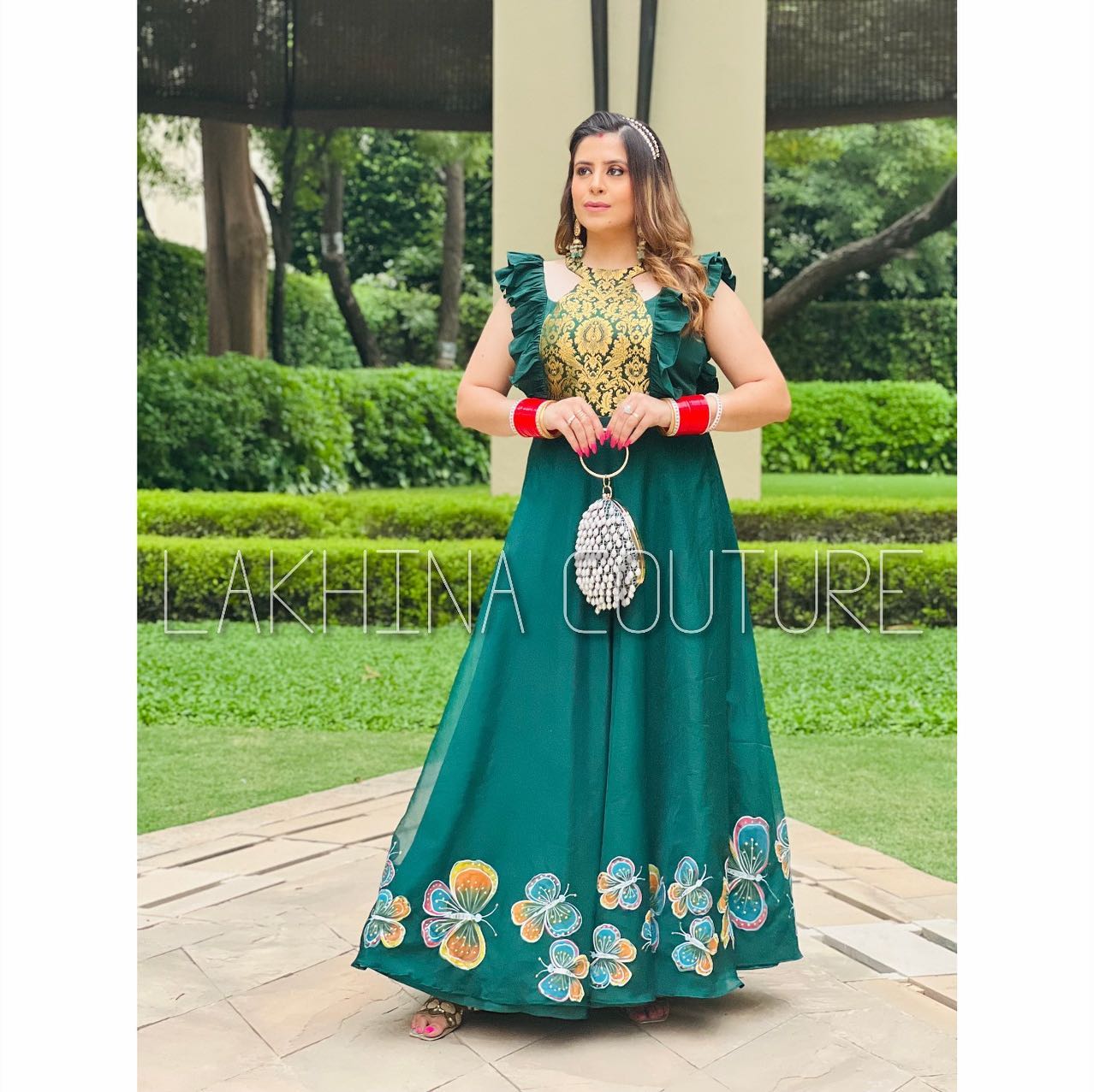 Forest Green Hand Painted Anarkali