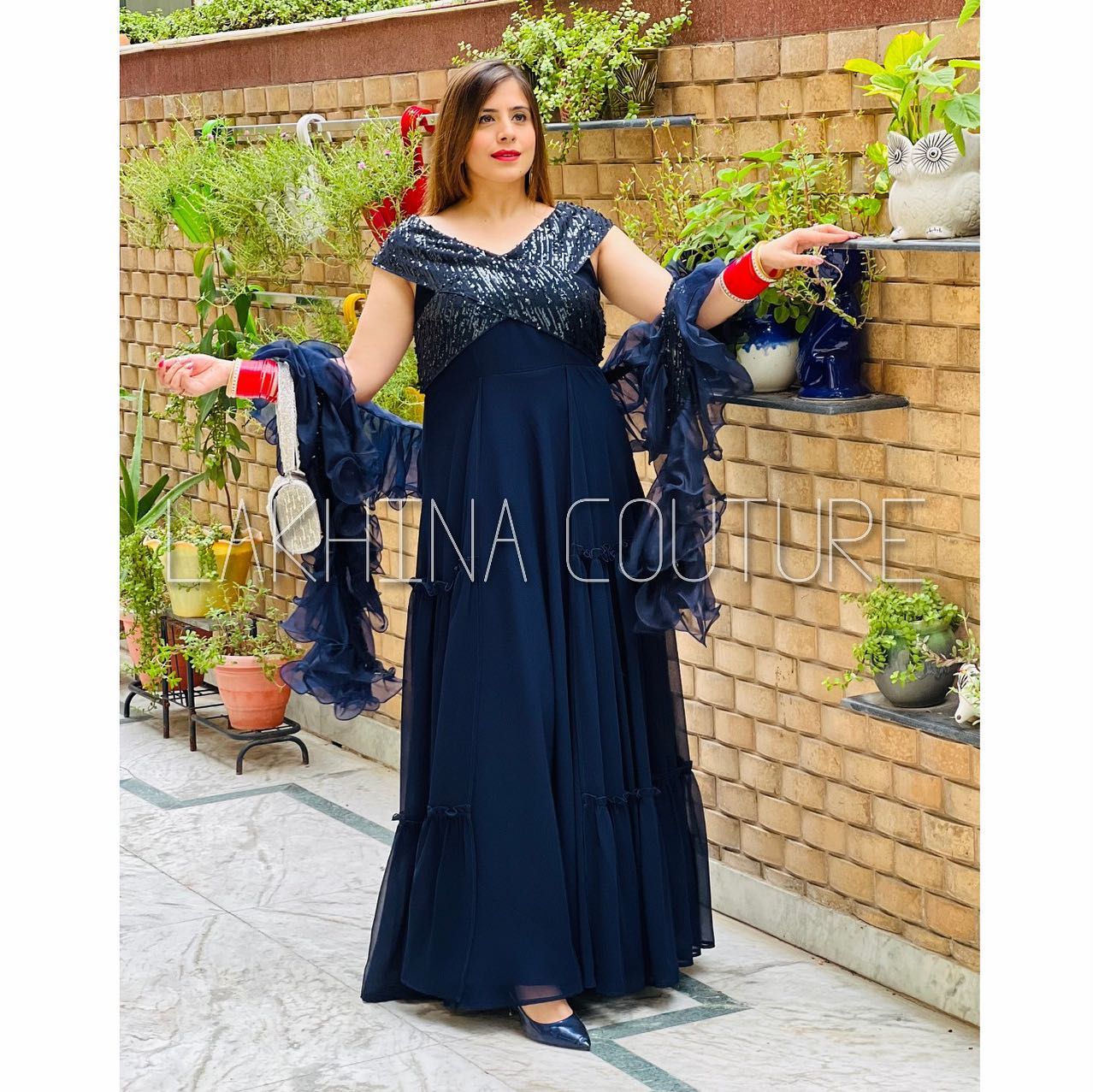 Navy Blue Gown with Ruffle Dupatta