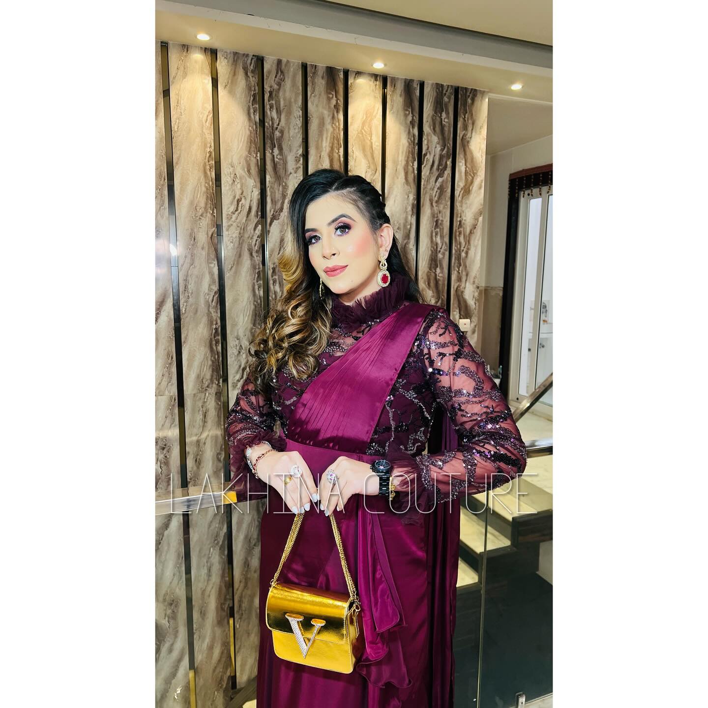 Wine Sequin Drape Saree