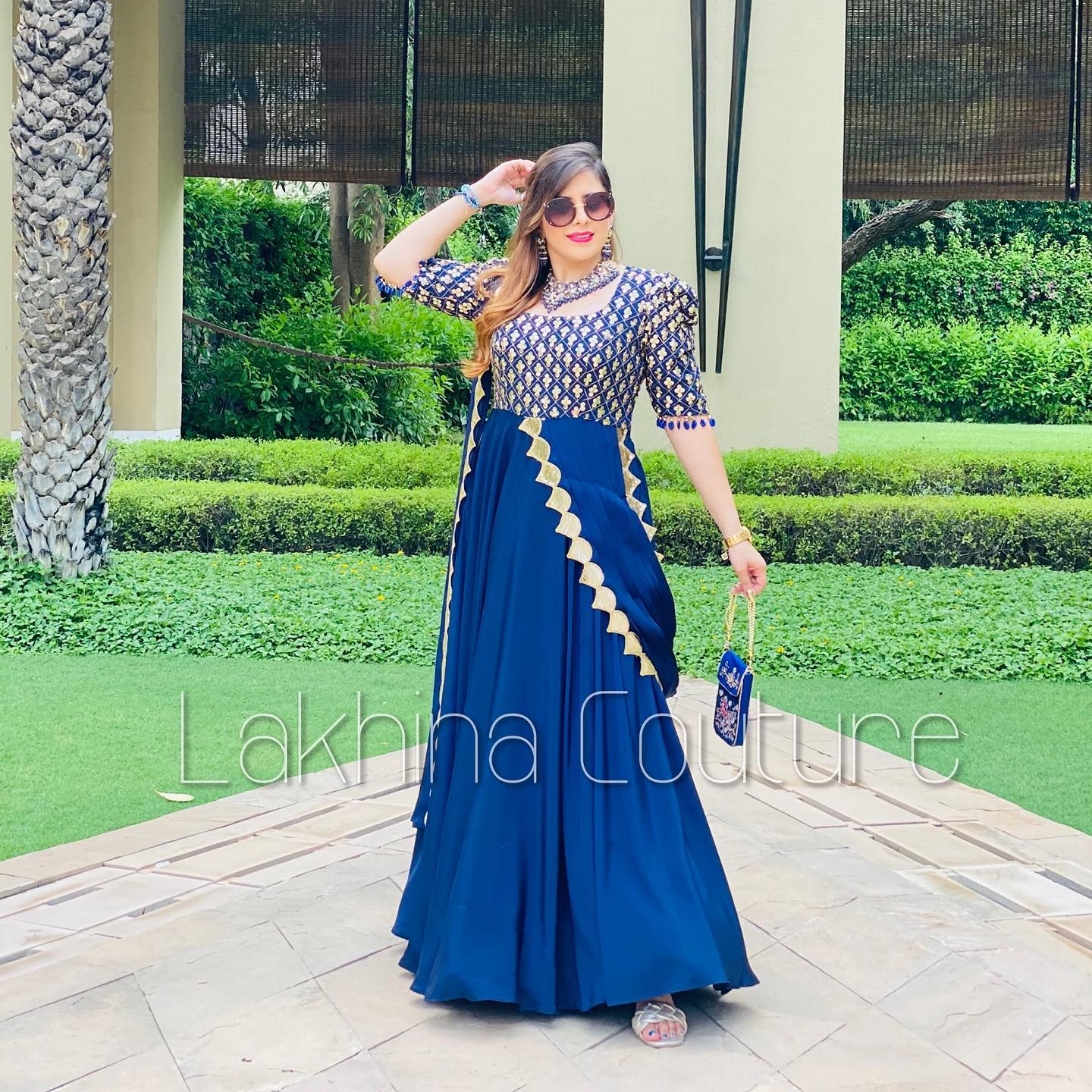 Navy Blue Drape Gown With Belt