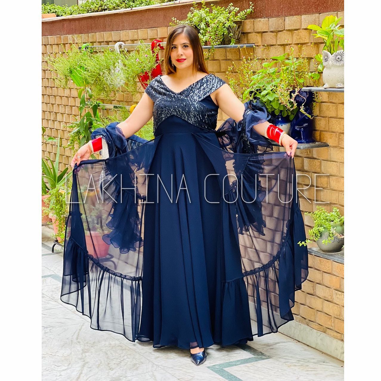 Navy Blue Gown with Ruffle Dupatta