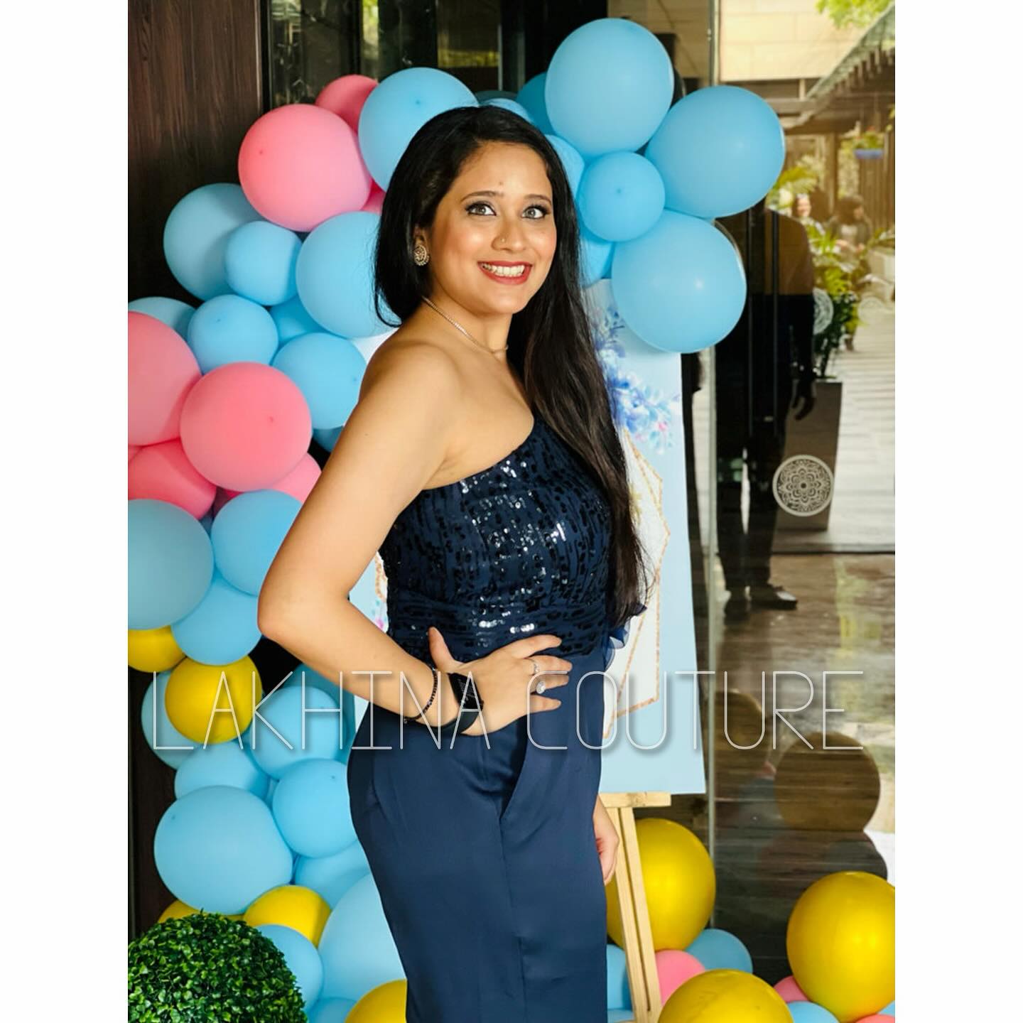Navy Blue Sequin Jumpsuit with Flower Belt