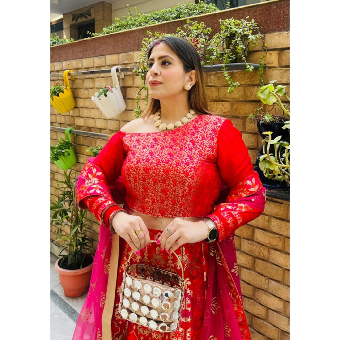 Red & Pink Banarasi Anarkali