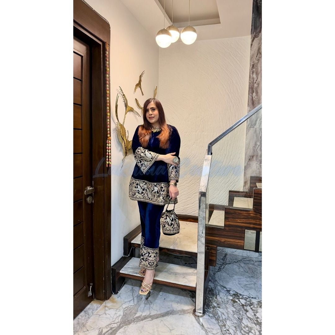 Navy Blue Bird Velvet Co-Ord with Potli Bag