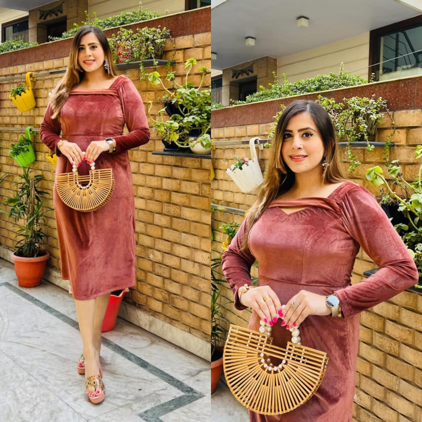 Peach Velvet Midi Dress
