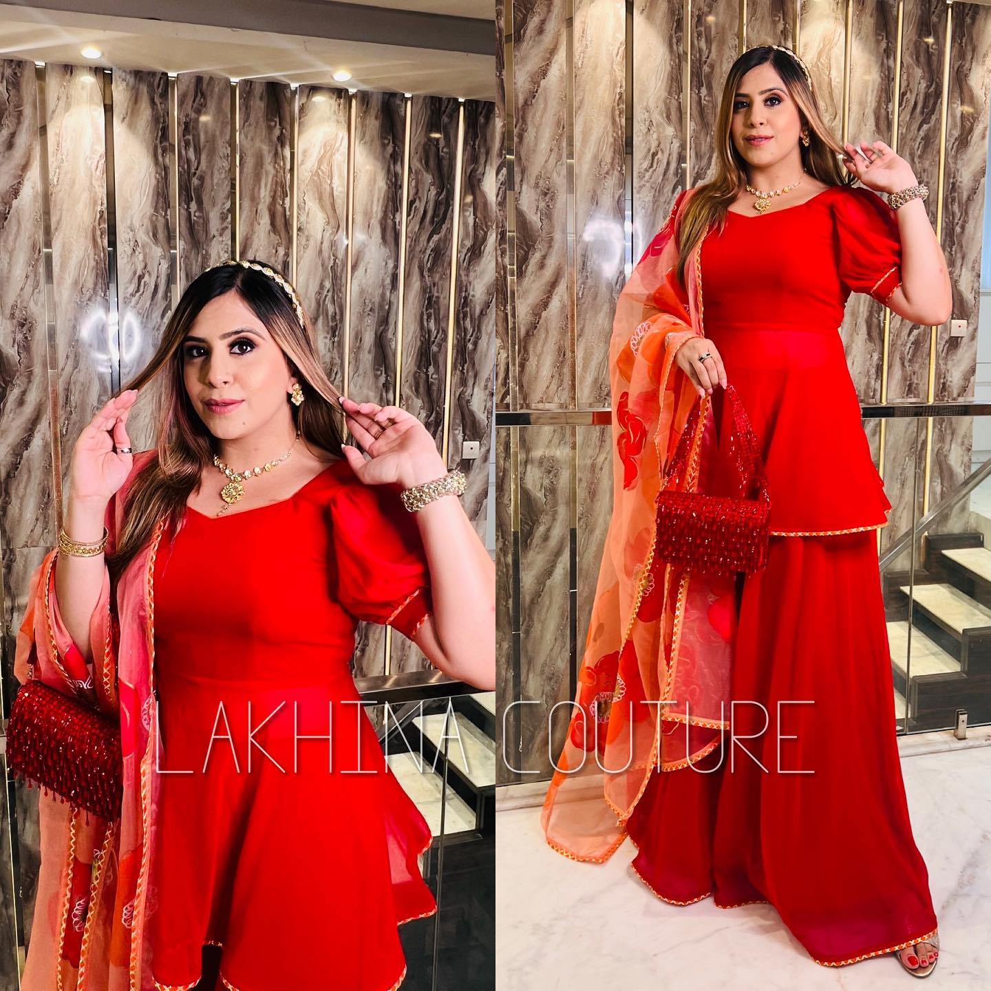 Red Handpainted Sharara Suit