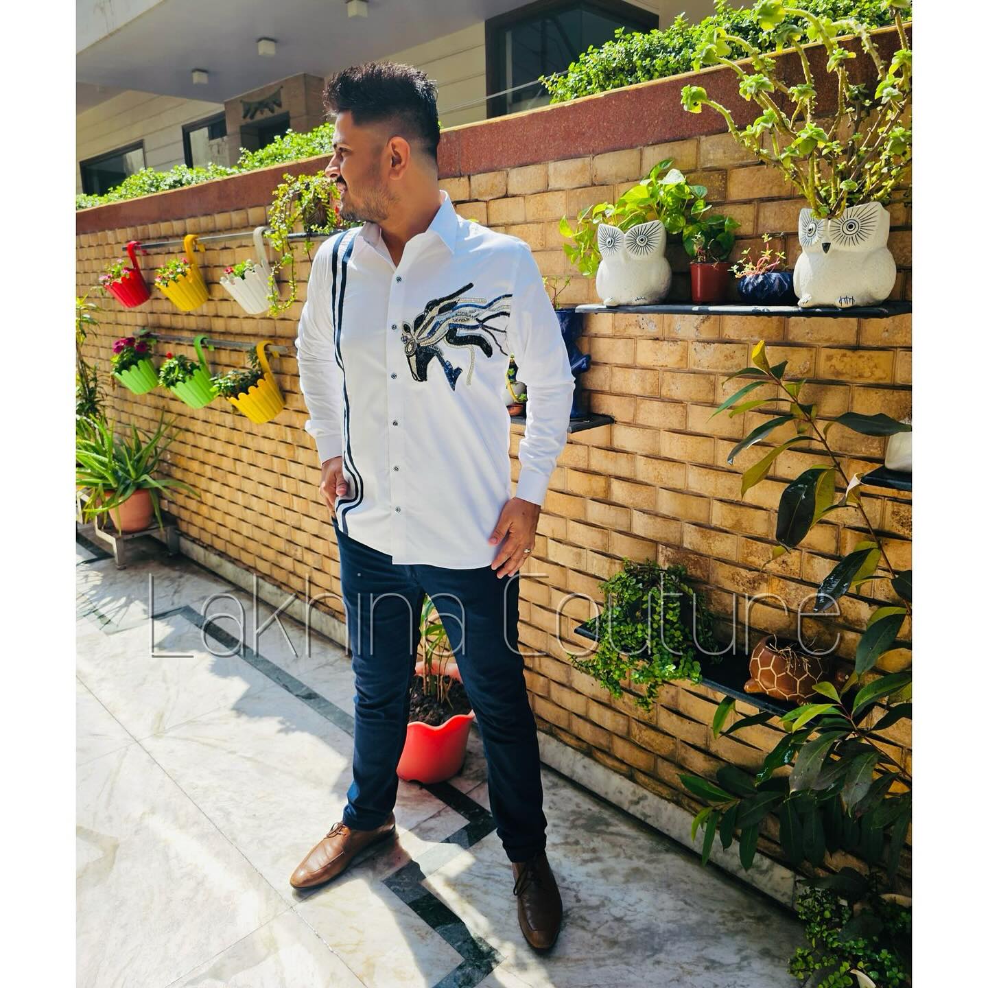 Menswear White Hand Embroidered Shirt