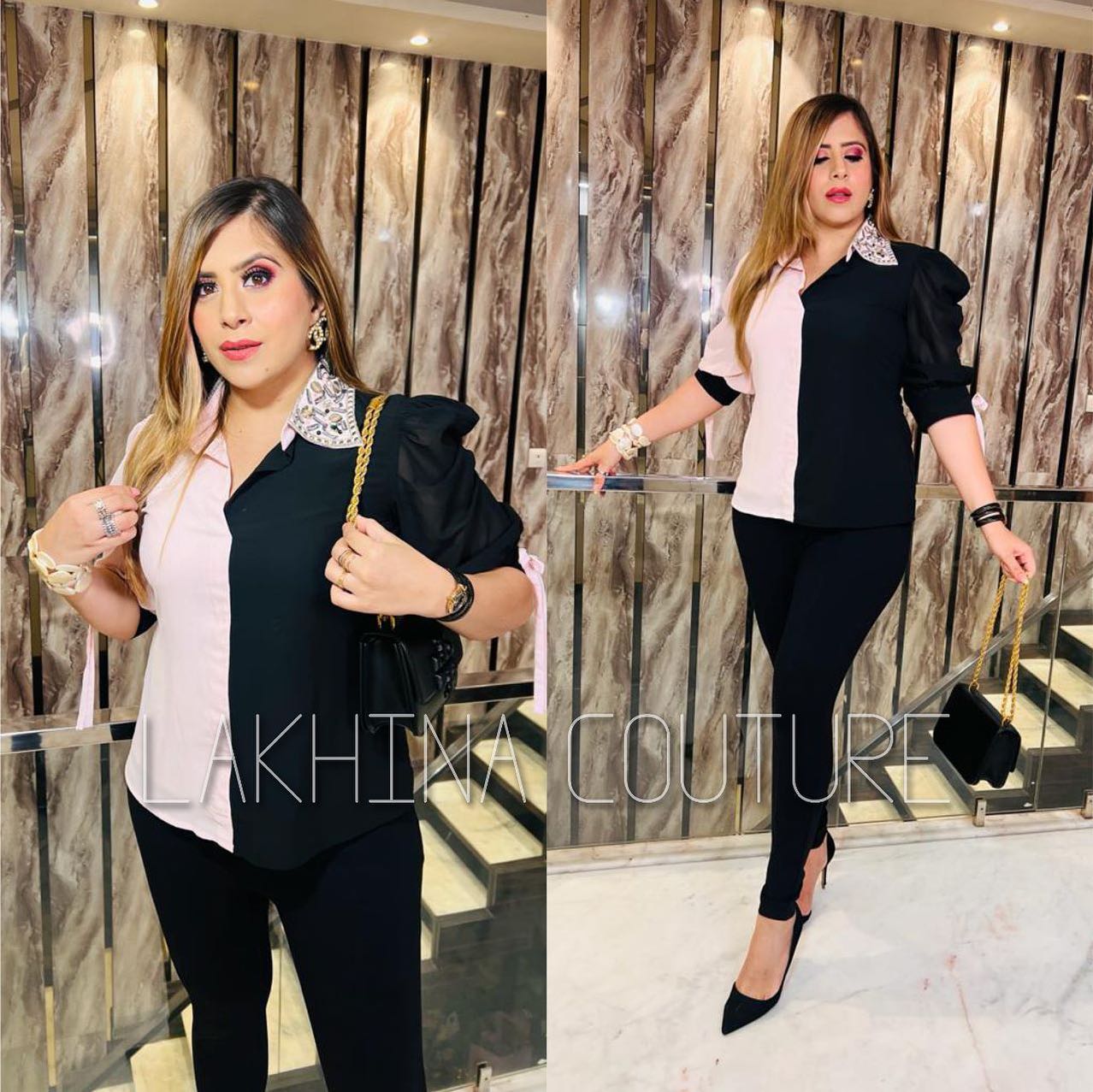 Black & Pink Emboirdered Collar Shirt