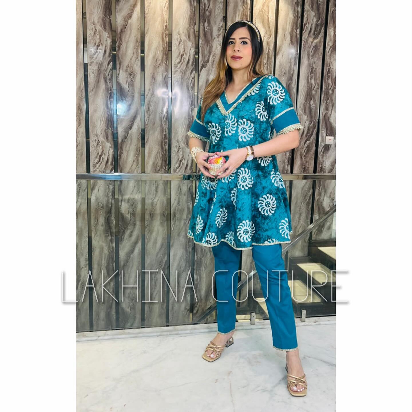 Teal Cotton Batik Dhoti Suit
