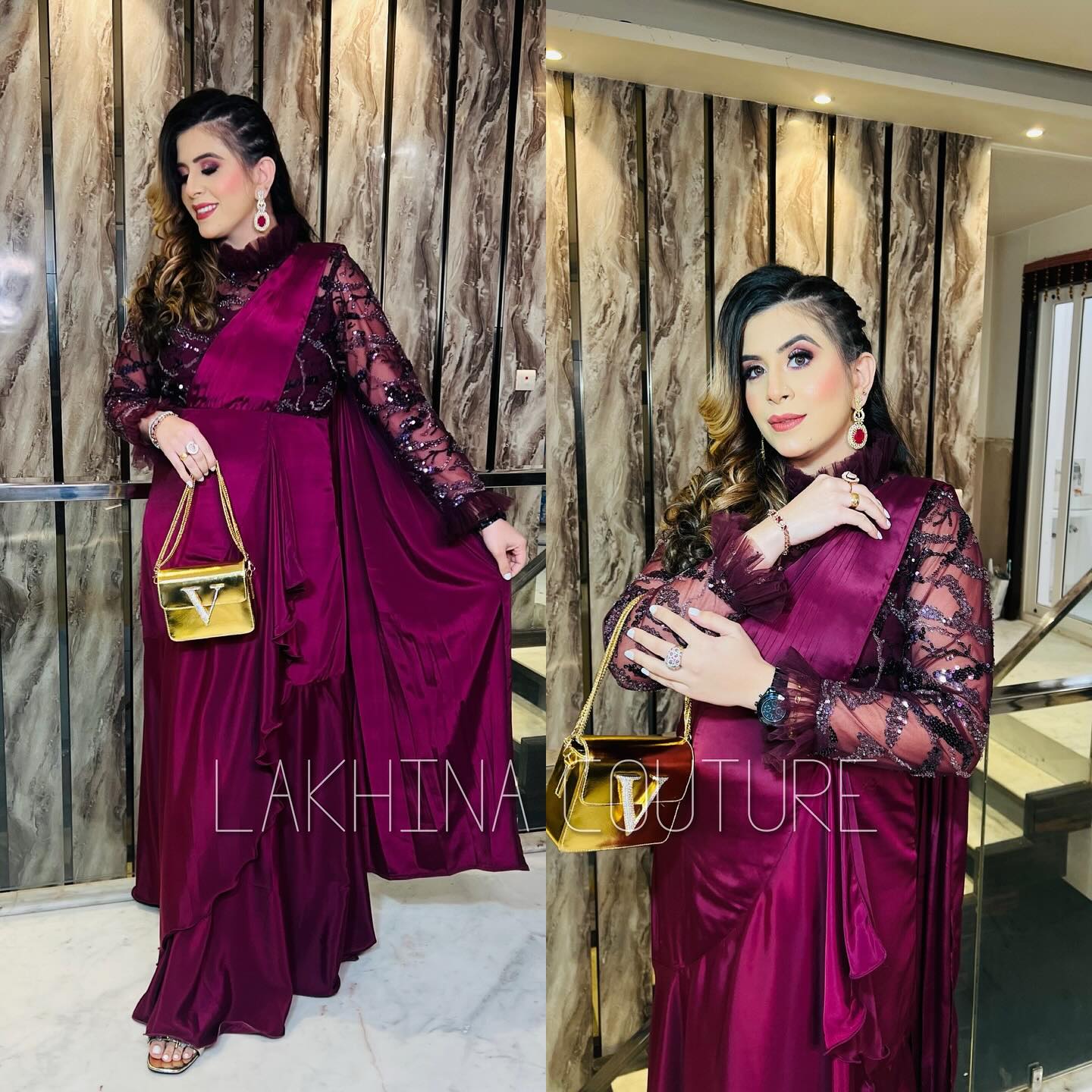 Wine Sequin Drape Saree
