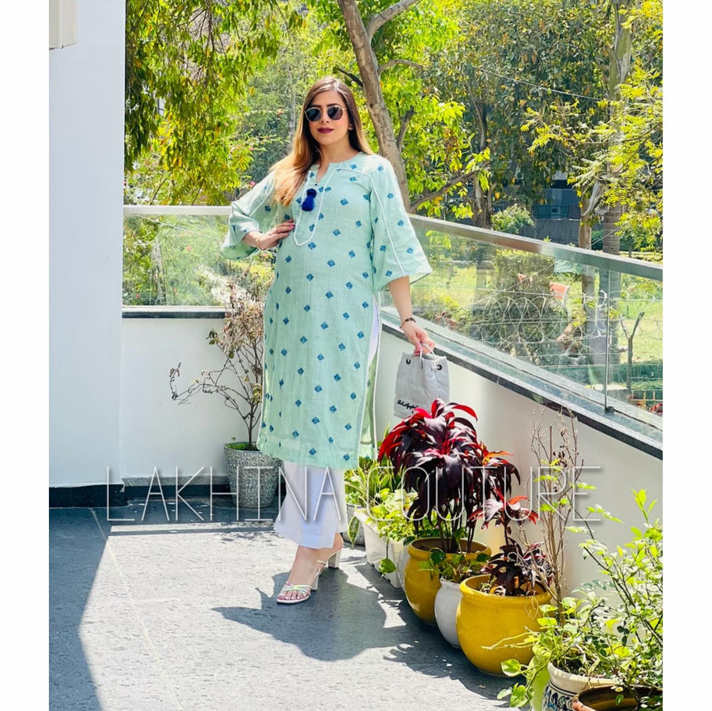 Green Embroidered Stripes Cotton Kurti
