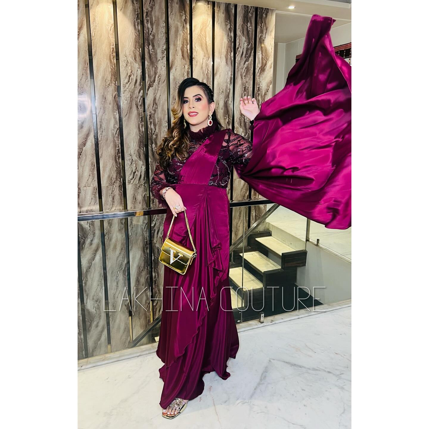 Wine Sequin Drape Saree