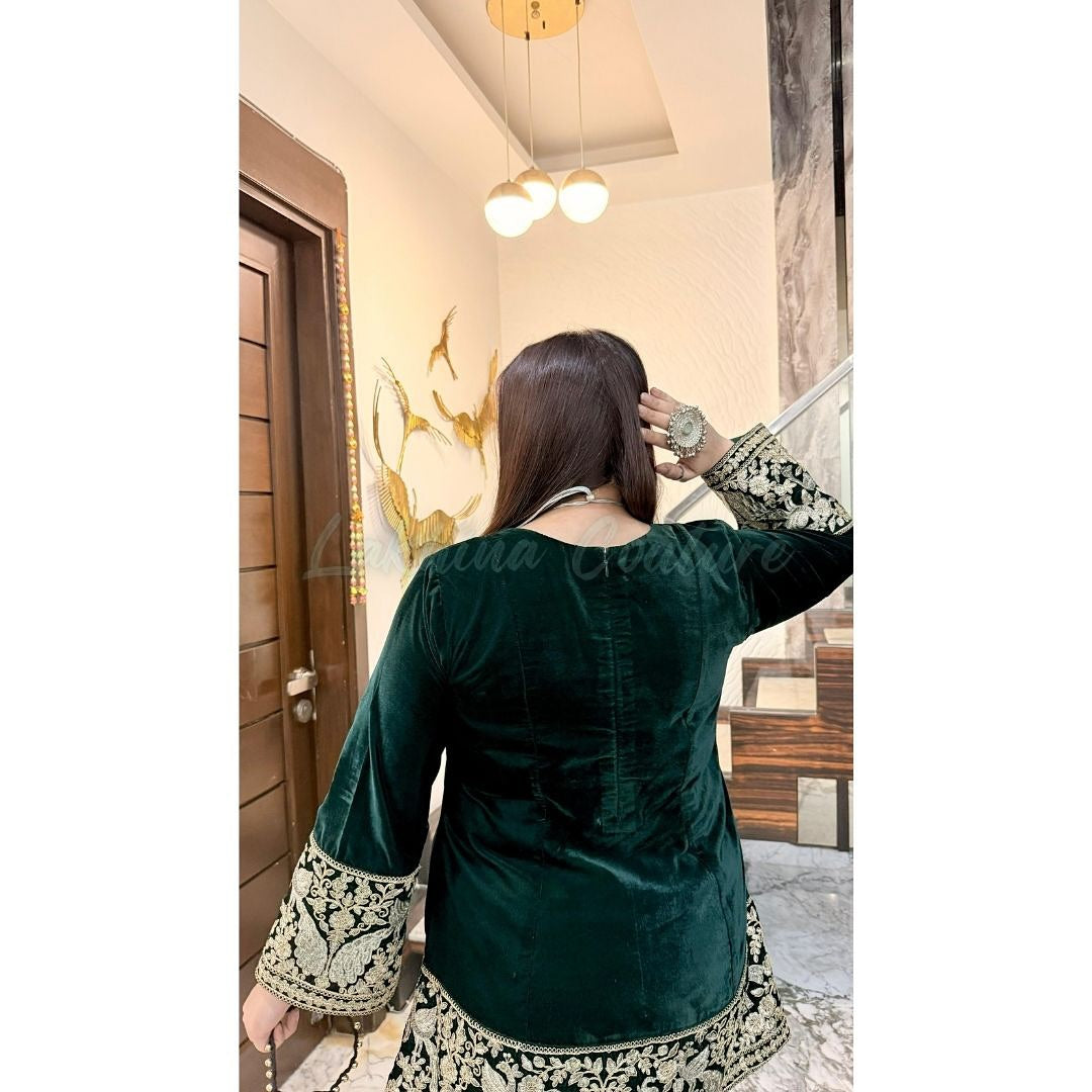 Green Bird Velvet Co-Ord with Potli Bag
