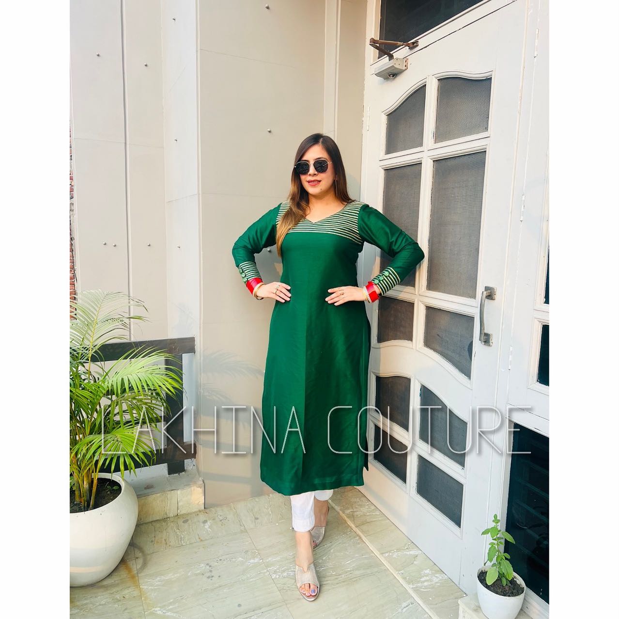 Bottle Green Gota Work Kurti