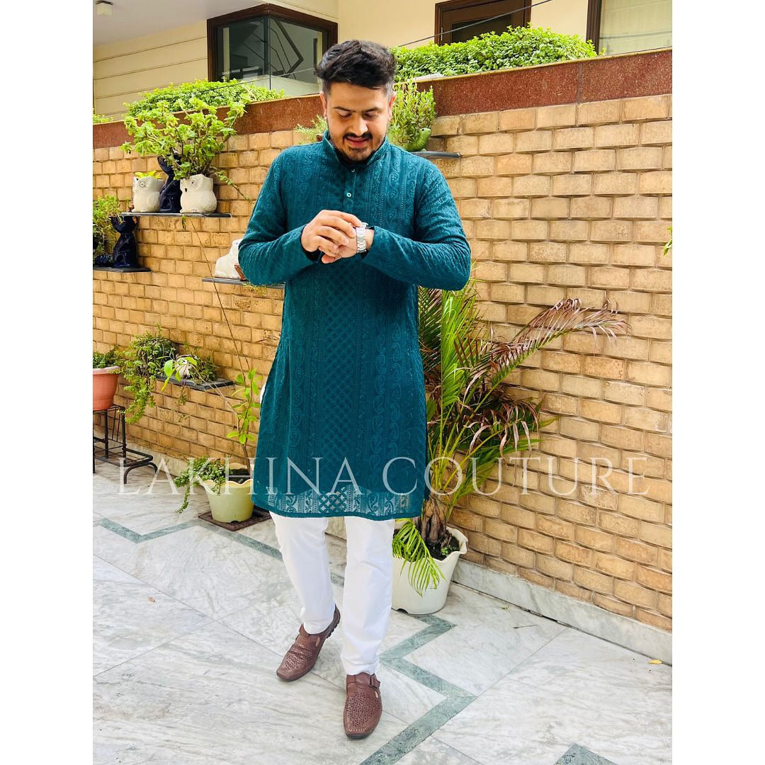 Menswear Teal Green Kurta Set