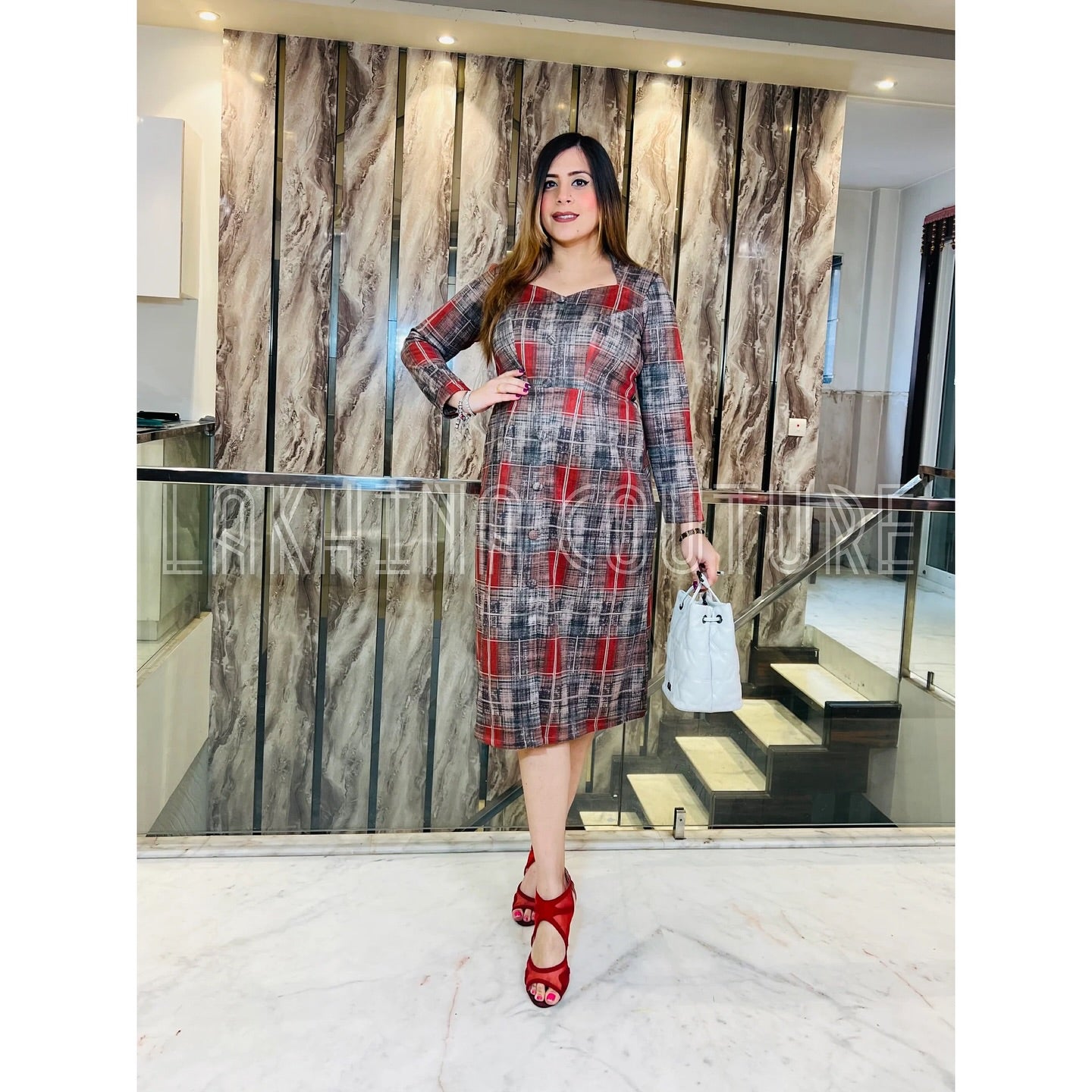 Red Checks Suede Midi Dress