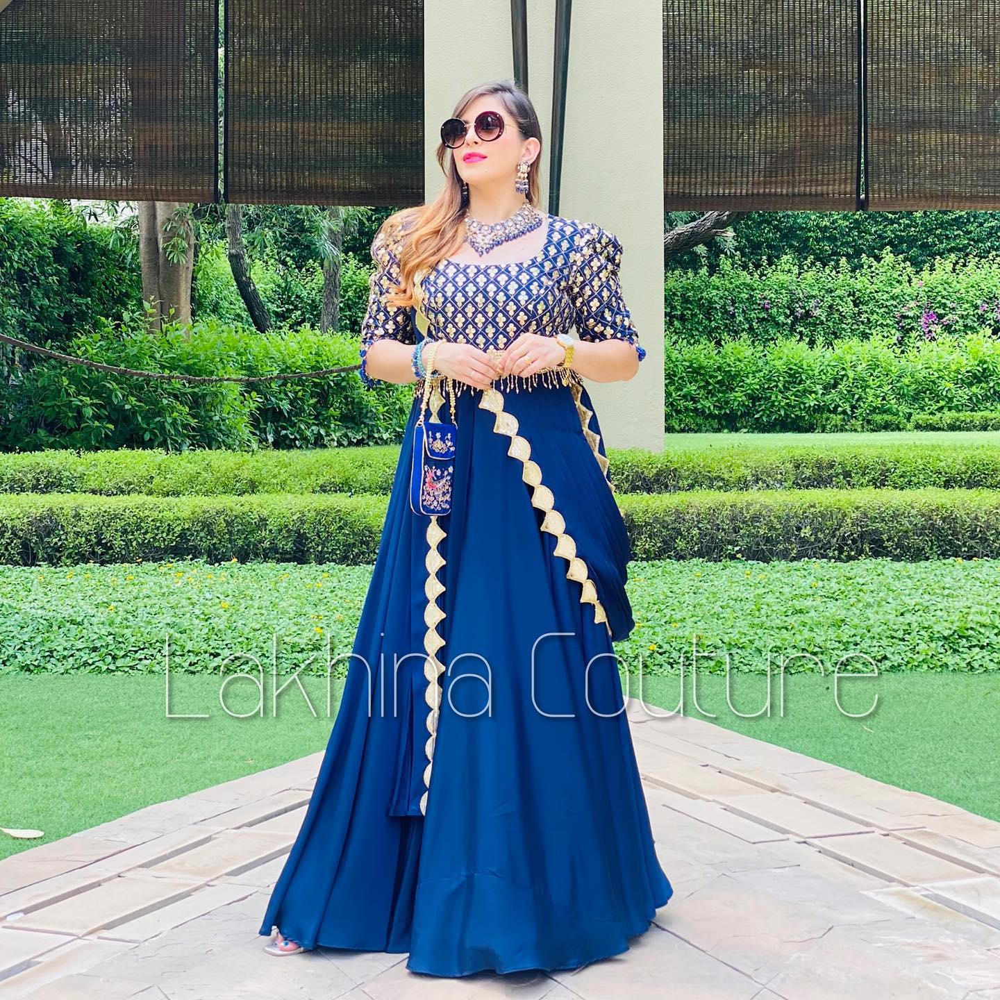 Navy Blue Drape Gown With Belt