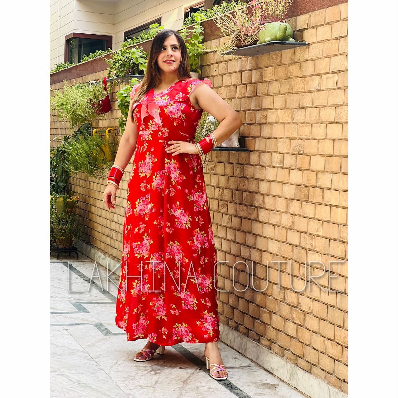 Red Floral Satin Maxi