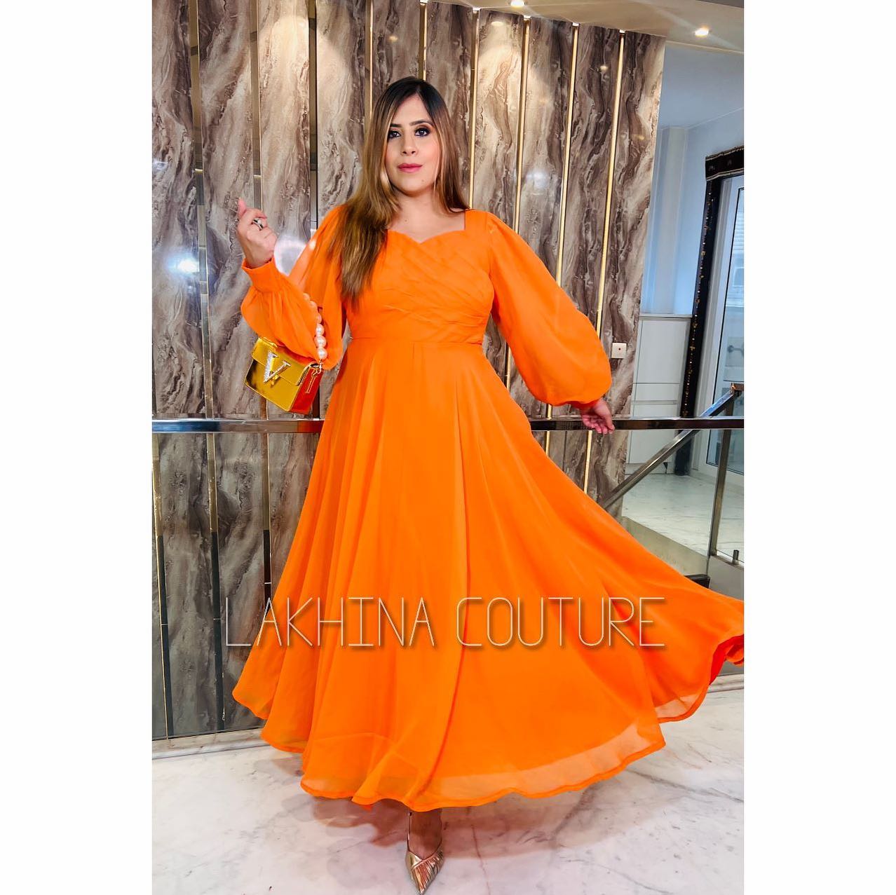 Orange Pleated Stunning Gown