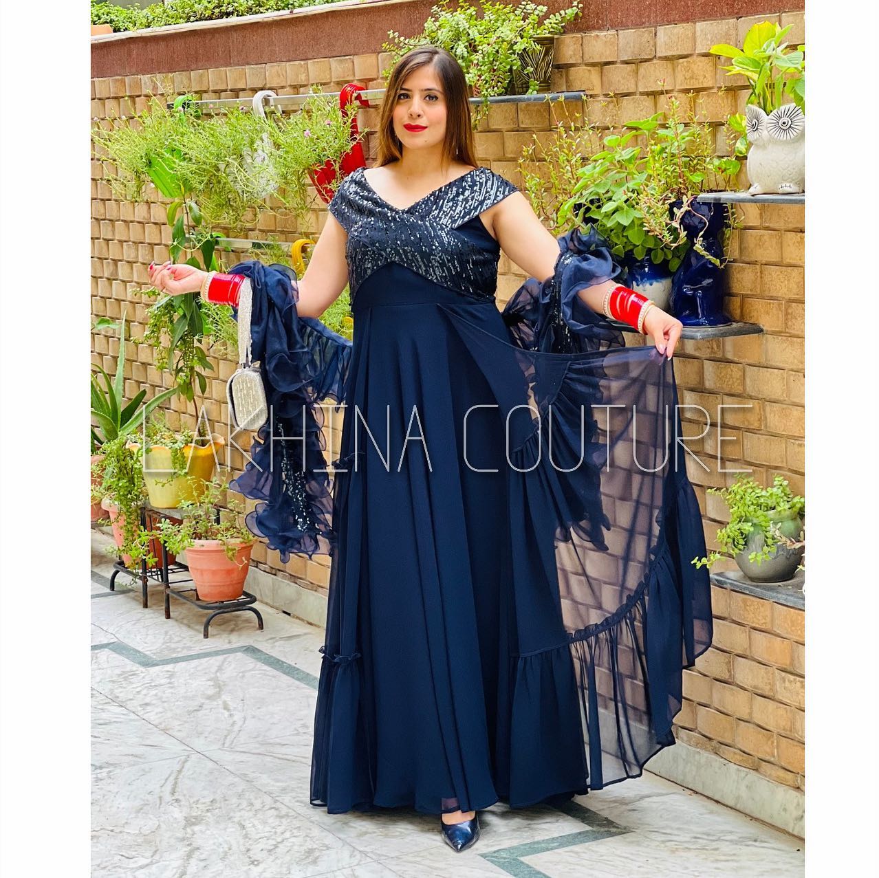 Navy Blue Gown with Ruffle Dupatta