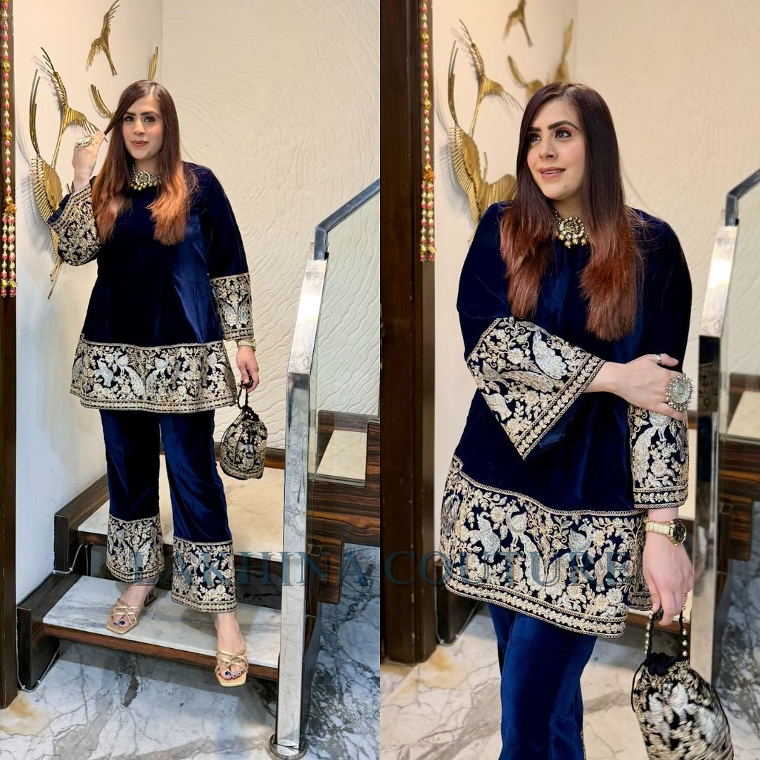 Navy Blue Bird Velvet Co-Ord with Potli Bag